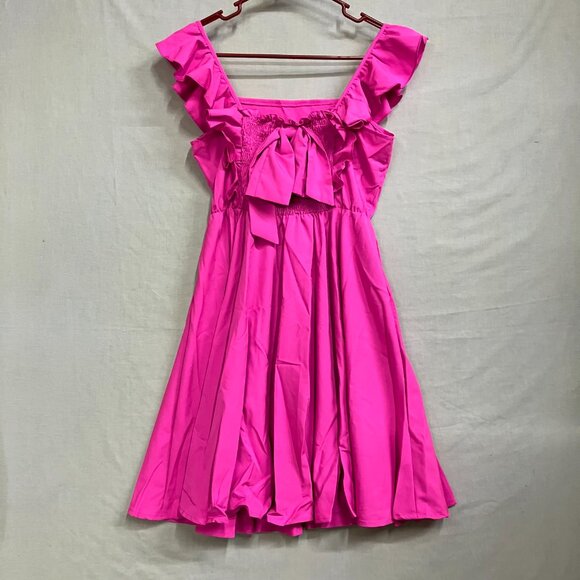 Mebius Girls 14Y Hot Pink Bow Back Square Neck Ruffle Sleeve Preppy A Line Dress - Picture 9 of 12